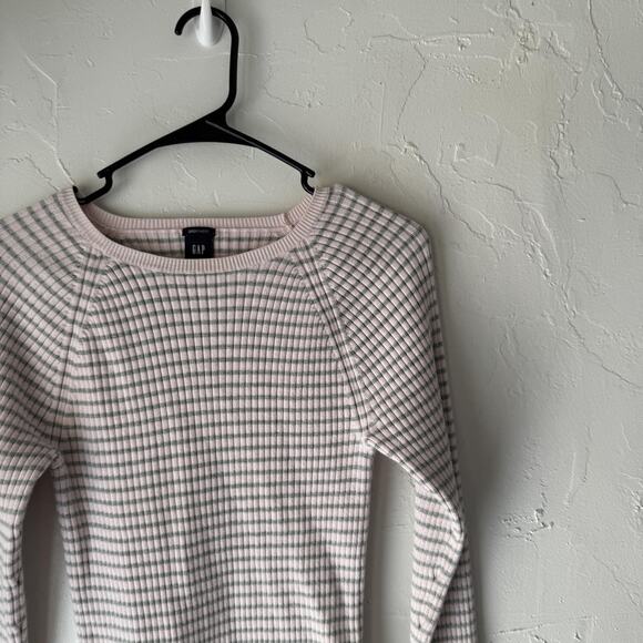Gap Sweater Y2k Large Pink Gray Striped Stretch Crewneck Long Sleeve Pullover - Picture 2 of 8